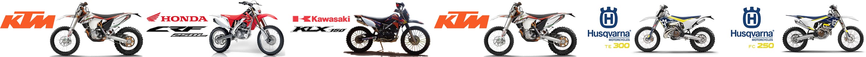 Our fleet: KTM, Honda CRF250L, Kawasaki KLX, Husqvarna